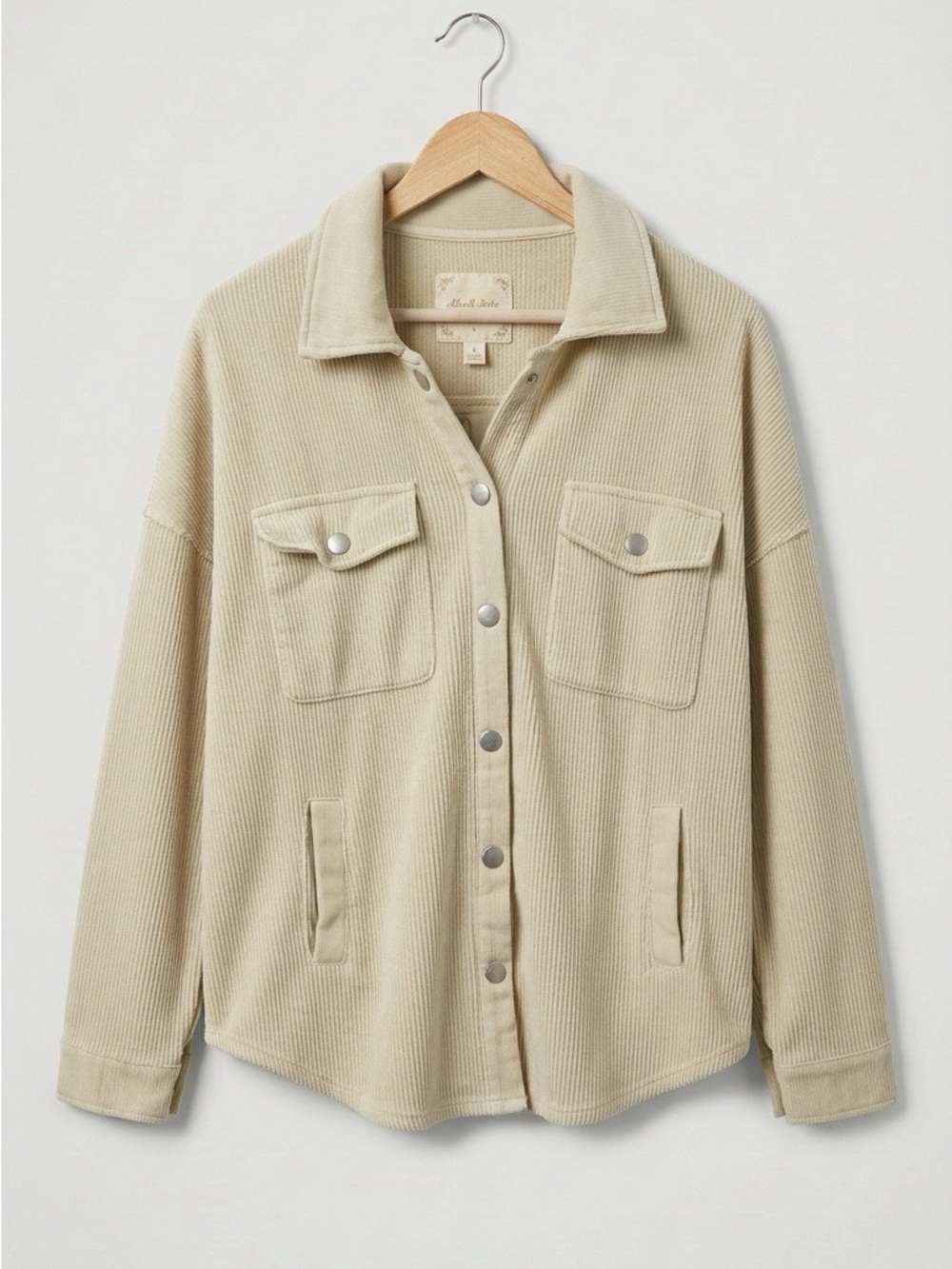 Altar’d State Button-Front Ribbed Snap Front Shirt in Beige